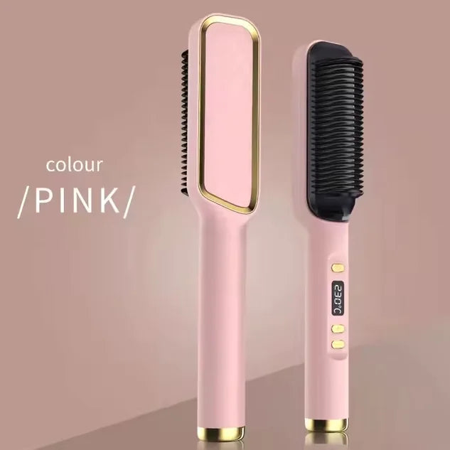 Electric Hair Straightener Brush with anti-scald feature in Pink