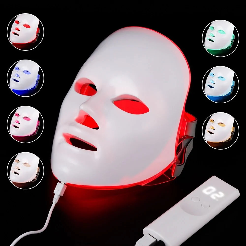 7-color LED face mask showcasing red, blue, green, yellow, purple, cyan and white lights for targeted skincare benefits. 