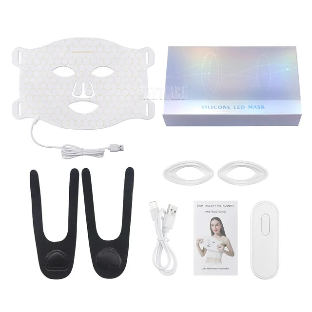 White 7-color LED face mask set with box, remote, stripe, and wires for easy use.