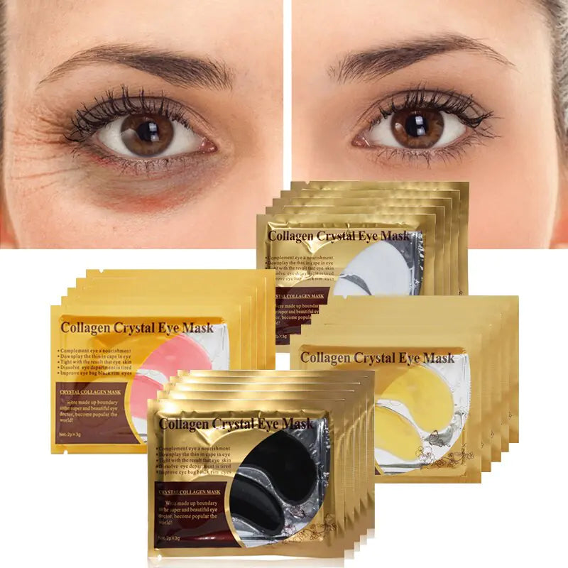 Baeskin Crystal Collagen Eye Mask in multiple colour with before-and-after results showing brighter, rejuvenated under-eye skin. 