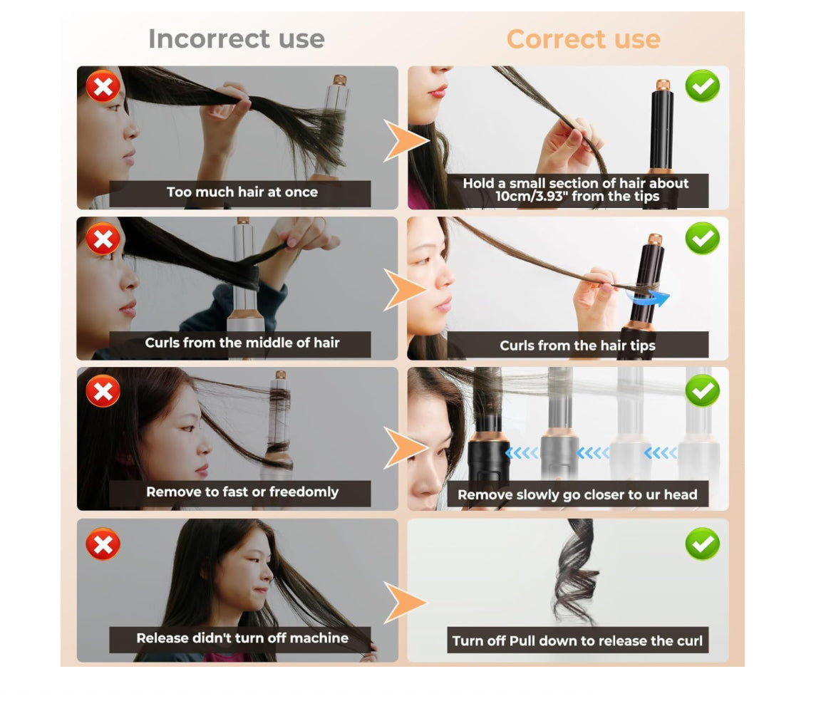 Hair dryer brush correct and incorrect use guide with models for safe and effective styling.