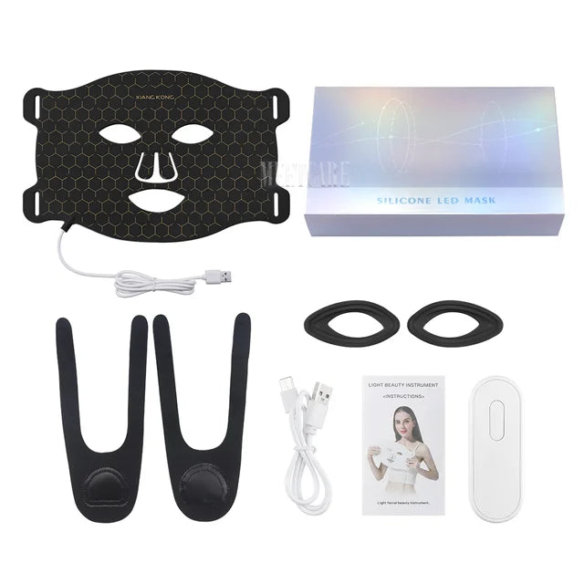 Black 7-color LED face mask set with box, remote, stripe, and wires for easy use.