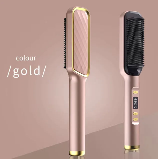 Electric Hair Straightener Brush with anti-scald feature in Gold/Champagne