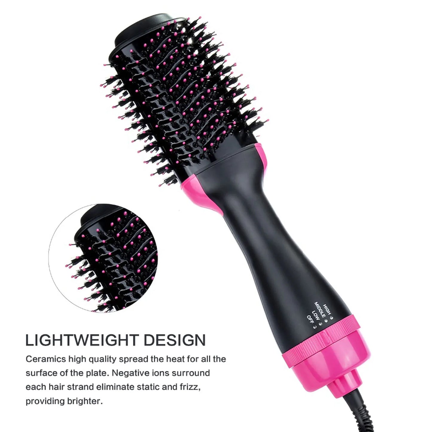 Close-up of hair dryer brush buttons showing high, low, cool and off settings for versatile styling. 