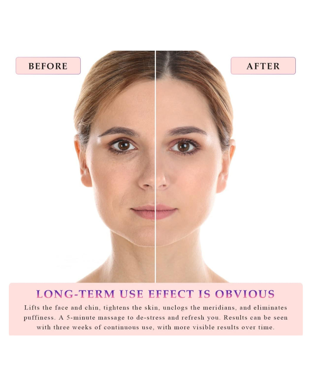 Before and after results showing long-term effects of electric face massager for skin lifting and toning. 