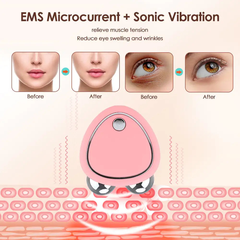 Electric Facial Massager with EMS microcurrent and sonic vibration for wrinkle reduction and eye swelling relief.