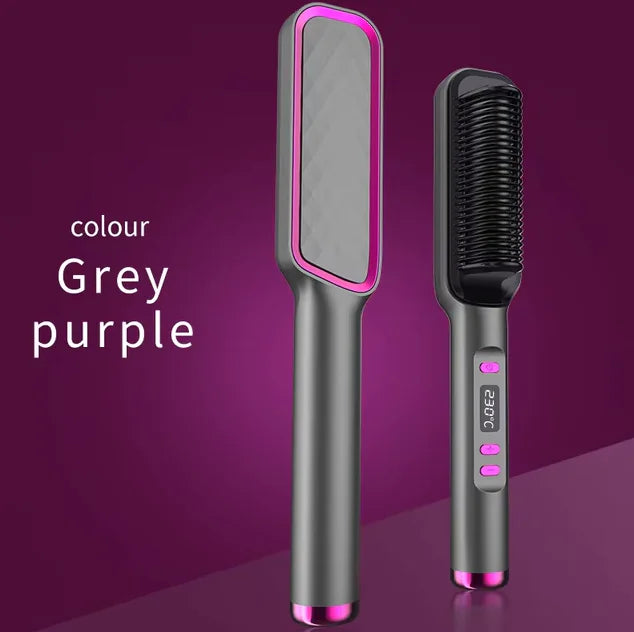 Electric Hair Straightener Brush with anti-scald feature in Gray Purple