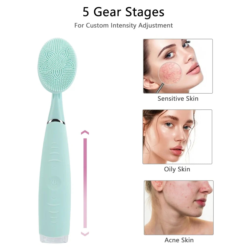 Silicone face brush highlighting benefits for sensitive, oily and acne-prone skin with adjustable intensity levels.