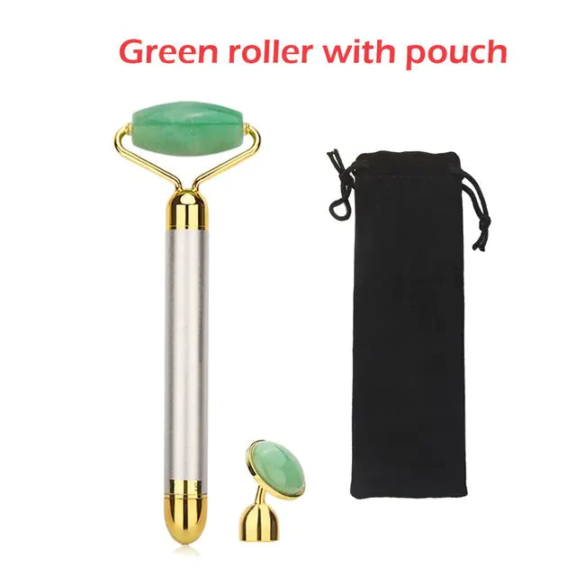 Portable green electric vibrating face roller with a travel pouch for skincare on the go.