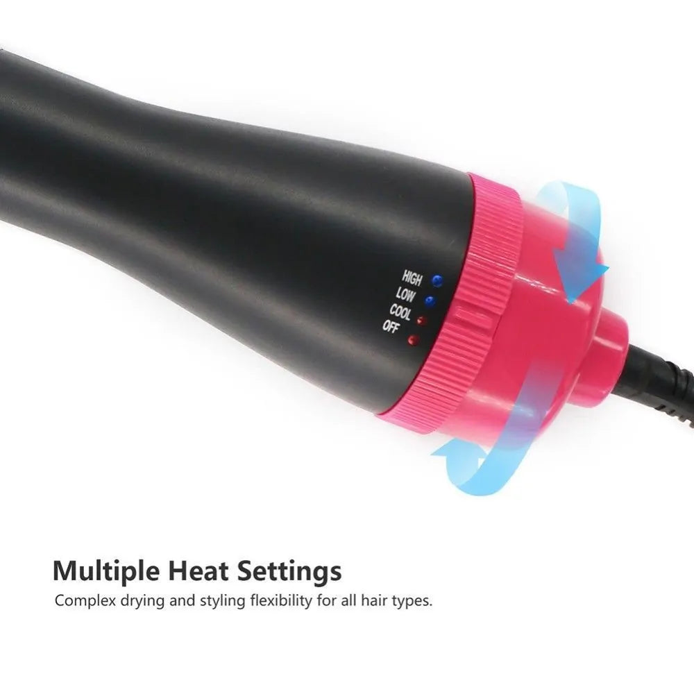 Multifunctional hair dryer brush illustrating massage, straightening, curling and constant temperature hot air features. 