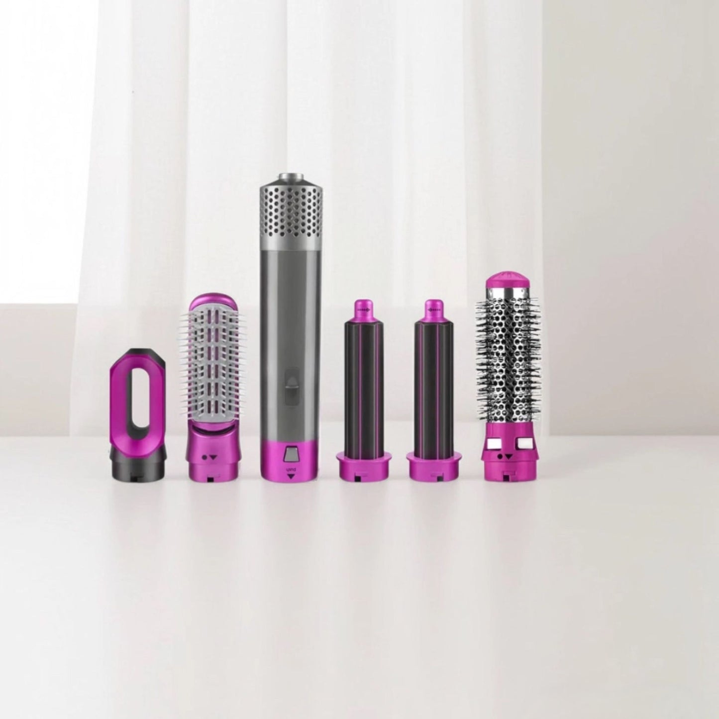 Multifunctional hair dryer brush set with handle and five styling attachments for salon-level hair.