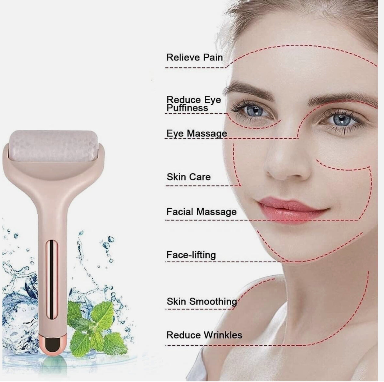 Cooling face roller for reducing puffiness, wrinkles, and smoothing skin.