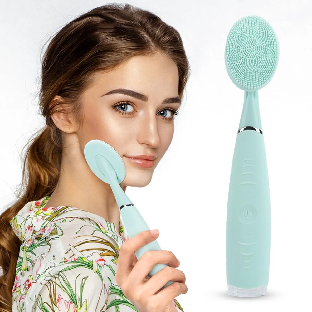 lady holding the green rechargeable face cleansing brush economic design