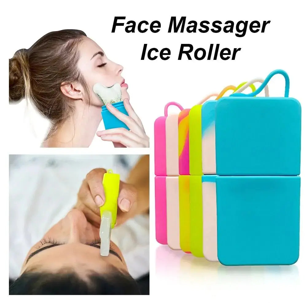 Lady using silicone face massager ice roller for rejuvenation and cooling effect.