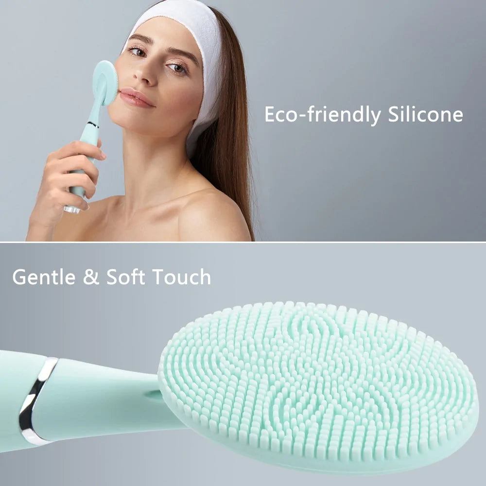 Lady using a silicone face cleansing brush for deep and gentle facial cleansing.