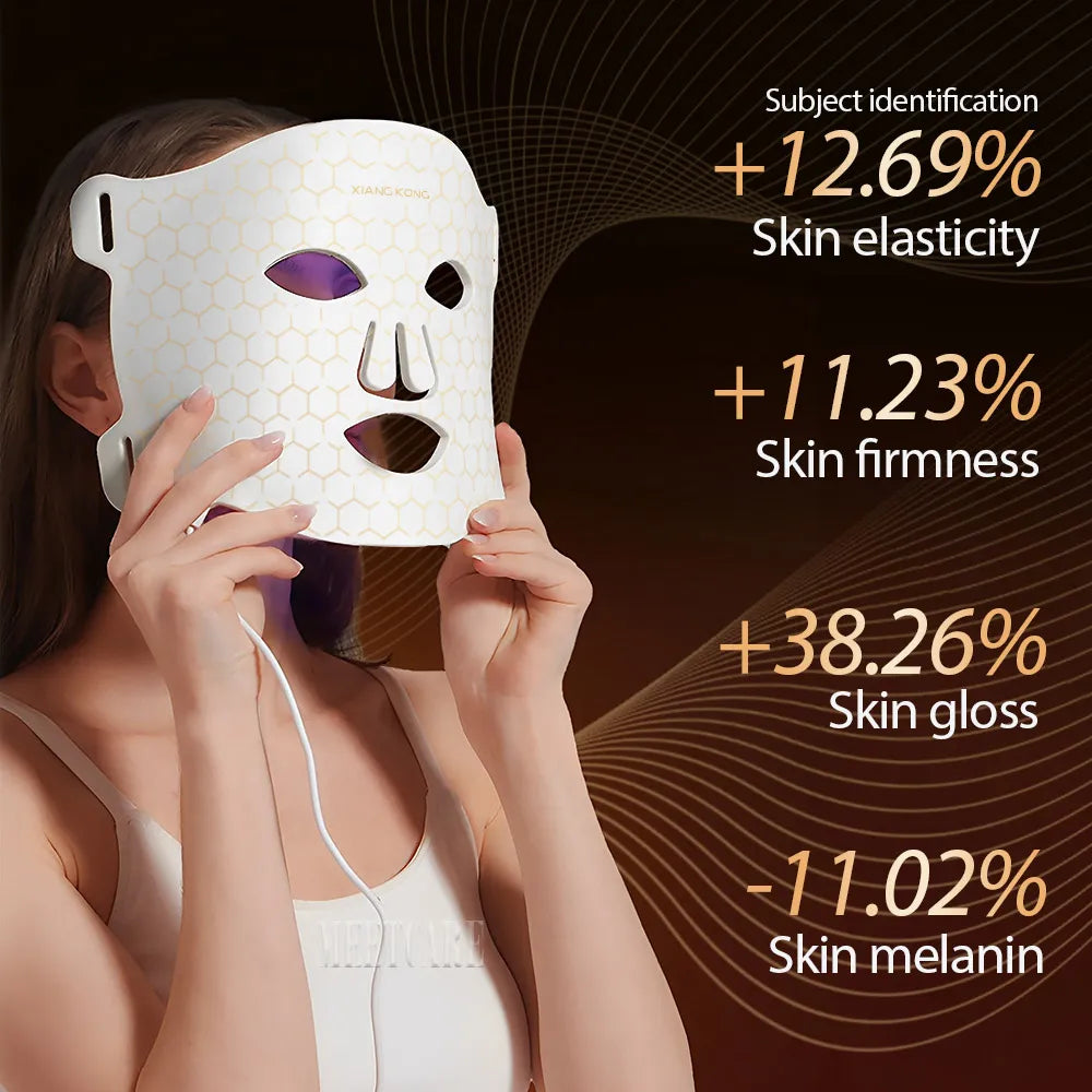 White silicone 7-color LED face mask showing benefits like improved skin elasticity, firmness, and glow.