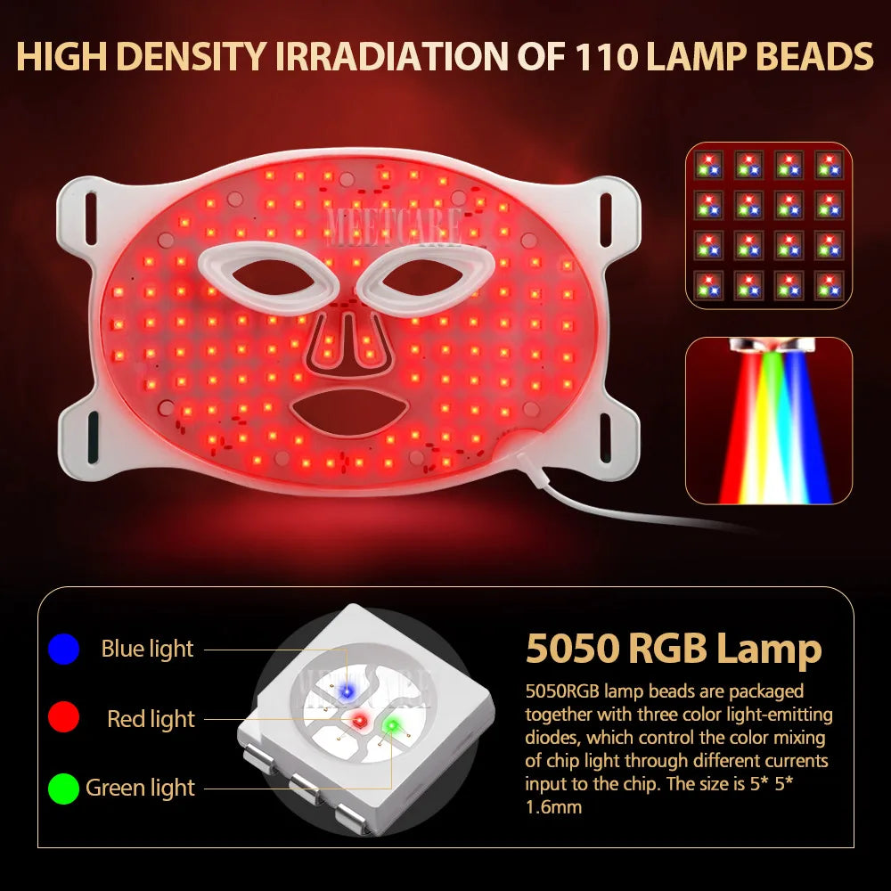 7-color LED face mask with high-density 110 lamp design for effective skin treatment.