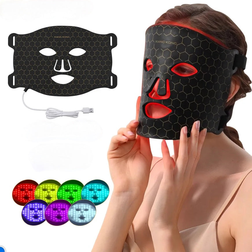 Black silicone 7-color LED face mask for glowing and rejuvenated skin.