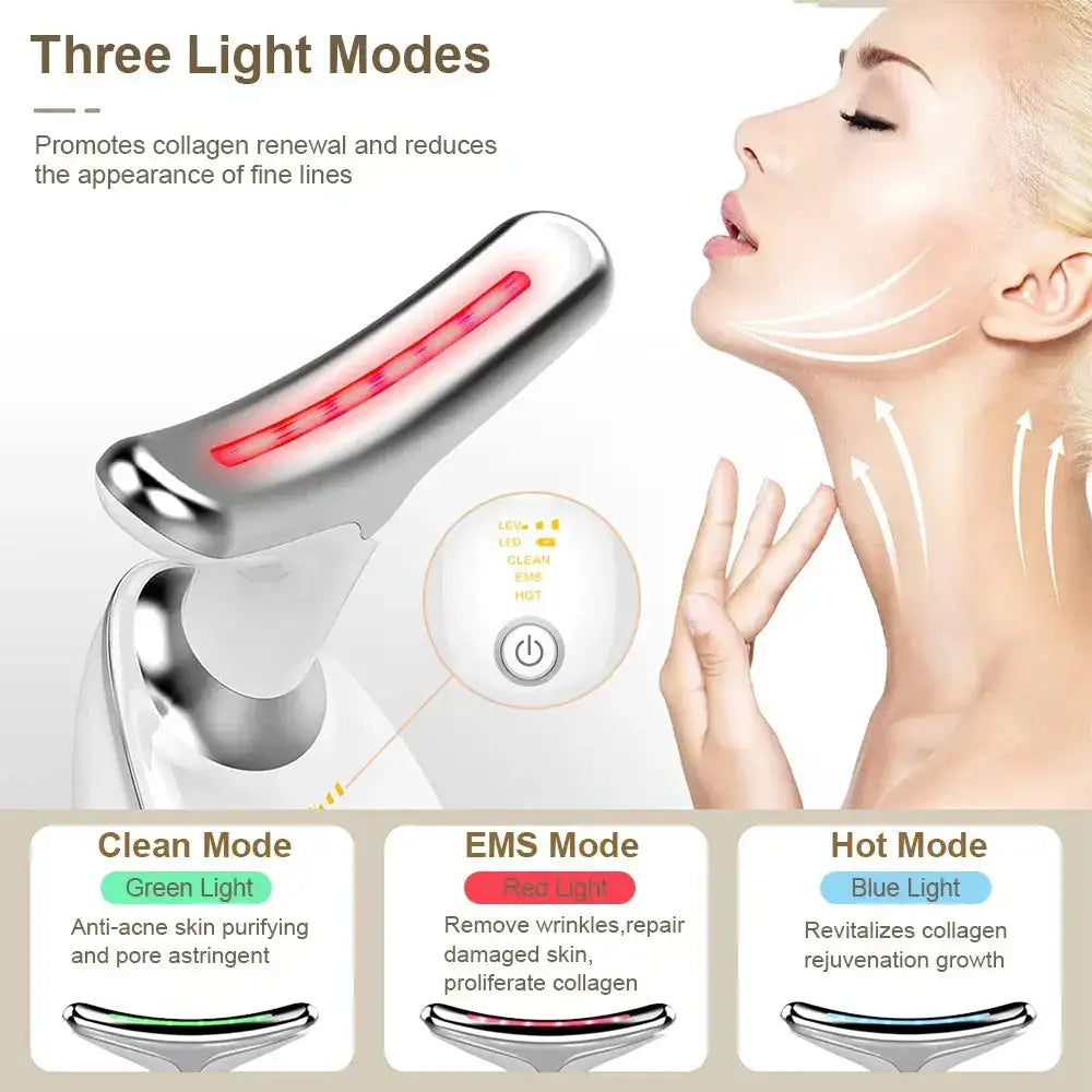 LED facial and neck massager with three light therapy modes: green for cleaning, red for EMS tightening, and blue for calming.