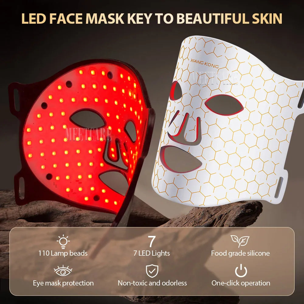 Black and white LED face masks with features like 7 LED lights, food-grade silicone, and one-click operation.