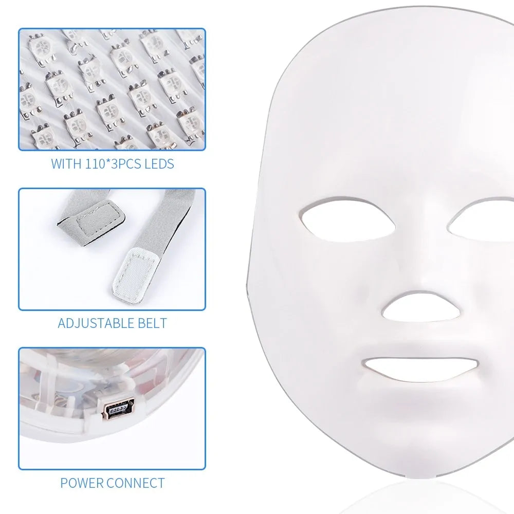 LED face mask package showing the mask, remote, adjustable straps and charging accessories. 