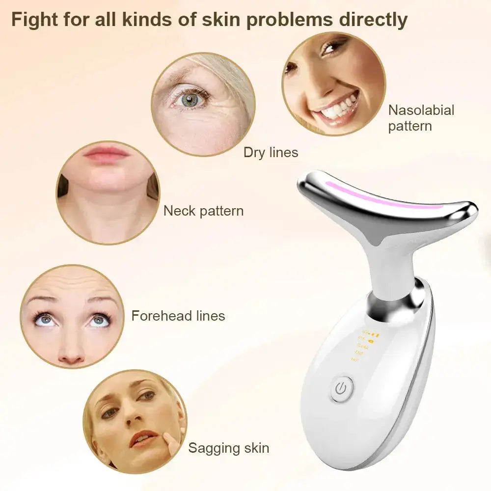 LED skin tightening device addressing sagging skin, forehead lines, and dry skin issues.