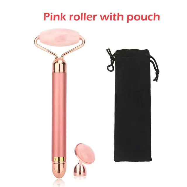 Portable pink electric vibrating face roller with a travel pouch for skincare on the go.