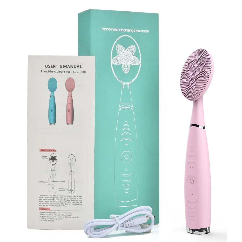 Pink silicone face cleansing brush with USB charging cable and eco-friendly design