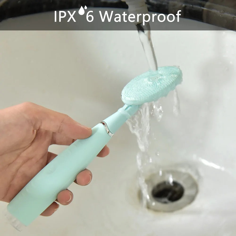 Waterproof silicone face cleansing brush with IPX6 rating for safe use in the shower.