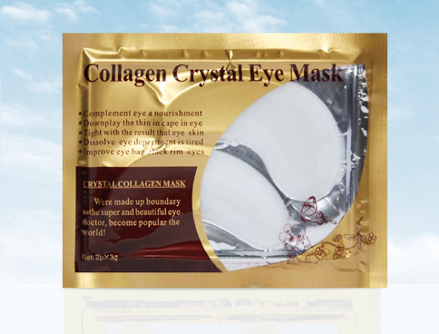 Single white Baeskin Crystal collagen eye Mask designed to reduce puffiness, dark circles, and fine lines. 