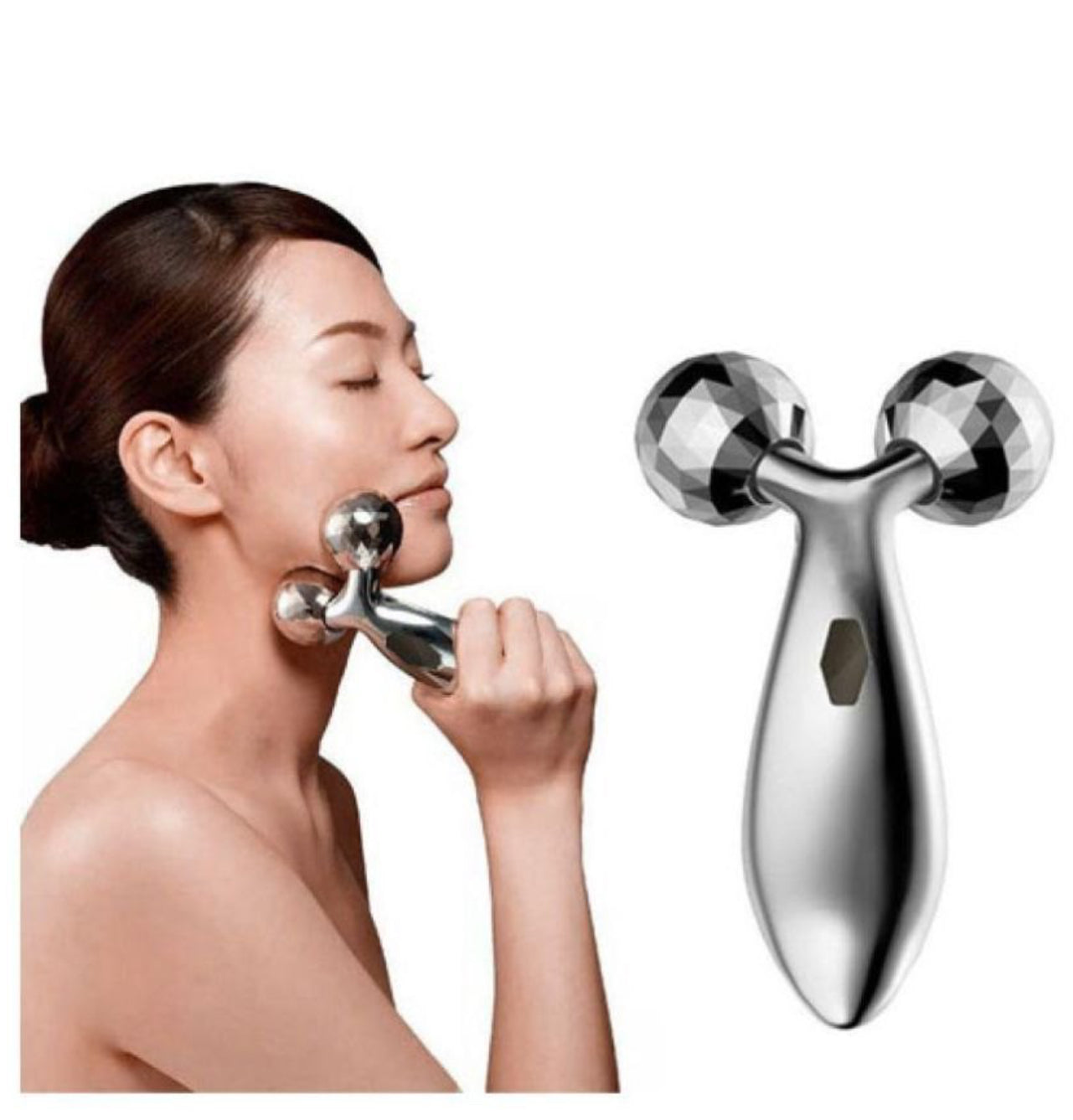 Woman using Face Massage Roller to reduce puffiness and tone facial skin