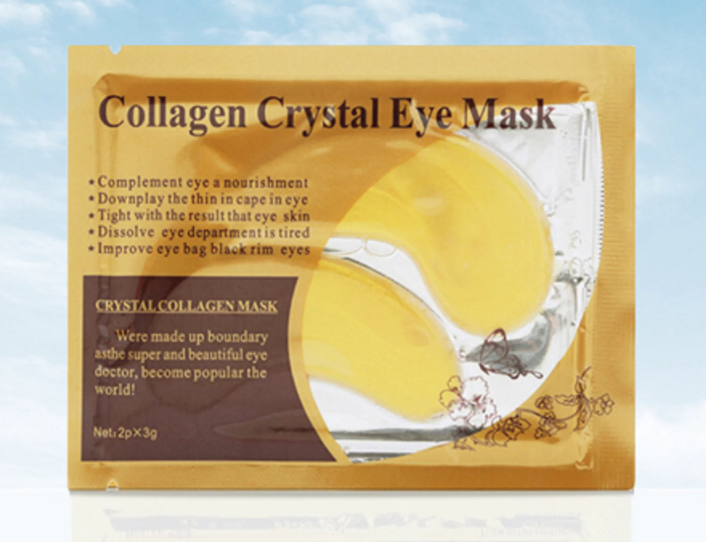 Single yellow Baeskin Crystal Collagen Eye Mask offering anti-aging benefits and reducing dark circles under the eyes. 